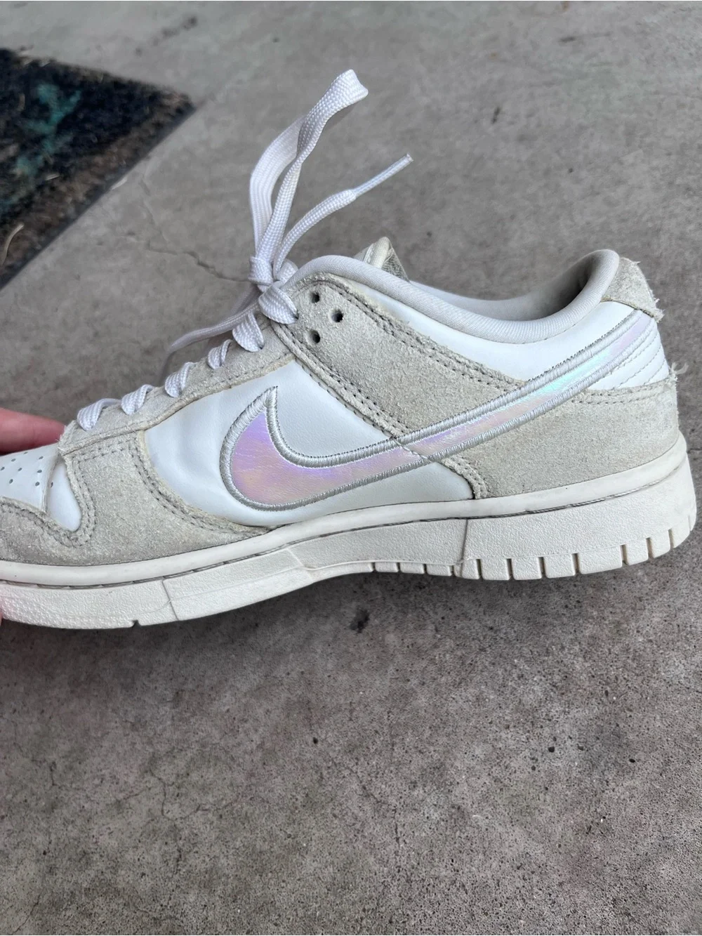 Nike Dunk Low Sneakers - White & Light Gray with Iridescent Swoosh